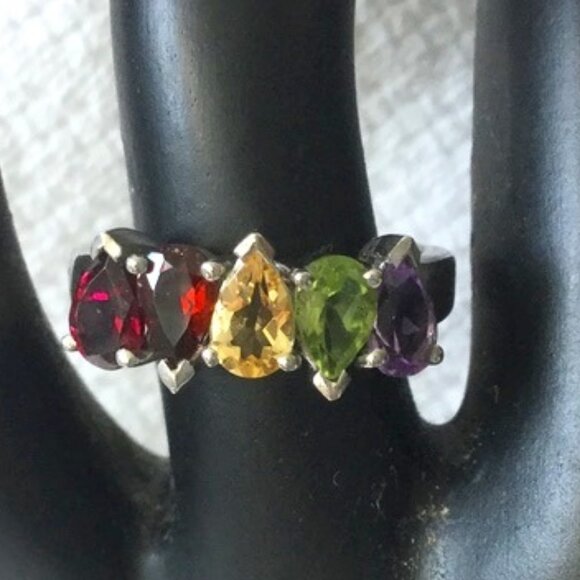 Multi Gemstone Band Ring Sterling Silver 925 Sz 6.75 - Picture 1 of 9